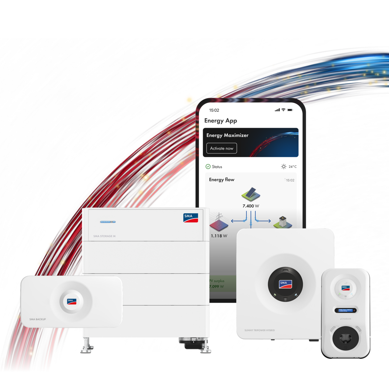 SMA Home Energy Solution con aplicación SMA Energy, inversor, batería y solución de carga para vehículos eléctricos