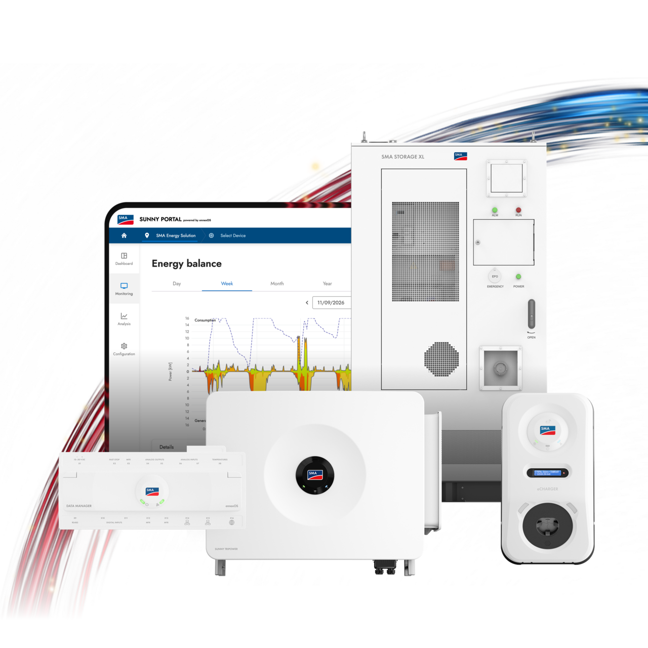 The SMA Commercial Energy Solution is shown with a close-up of a tablet displaying the Sunny Portal, an SMA Storage XL Package, an SMA Data Manager M, a Sunny Tripower 125, and an SMA eCharger.