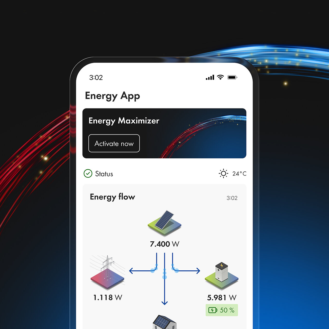 Smartphone que muestra la aplicación SMA Energy con flujos de energía entre sistema solar, batería y consumo doméstico