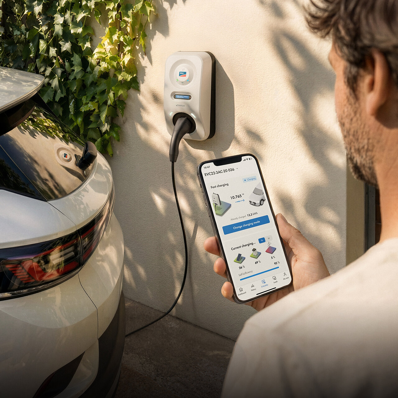Smartphone que controla la carga de un vehículo eléctrico mediante un cargador SMA