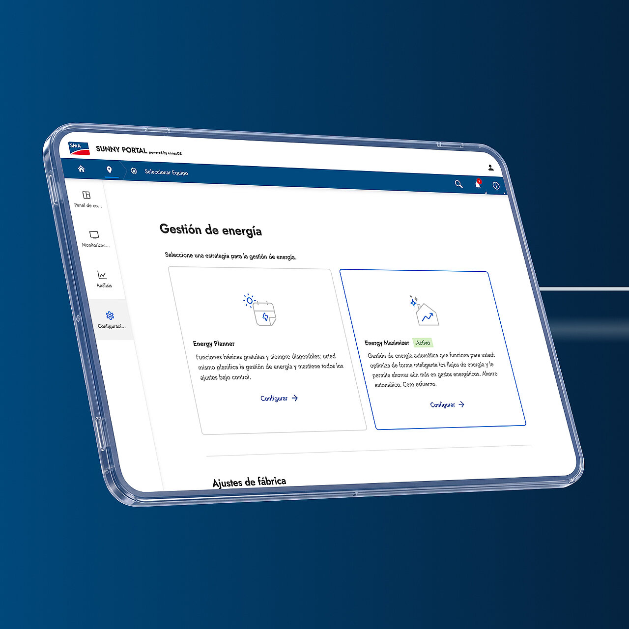 Tablet displaying the Sunny Portal with Energy Planner and Energy Maximizer.