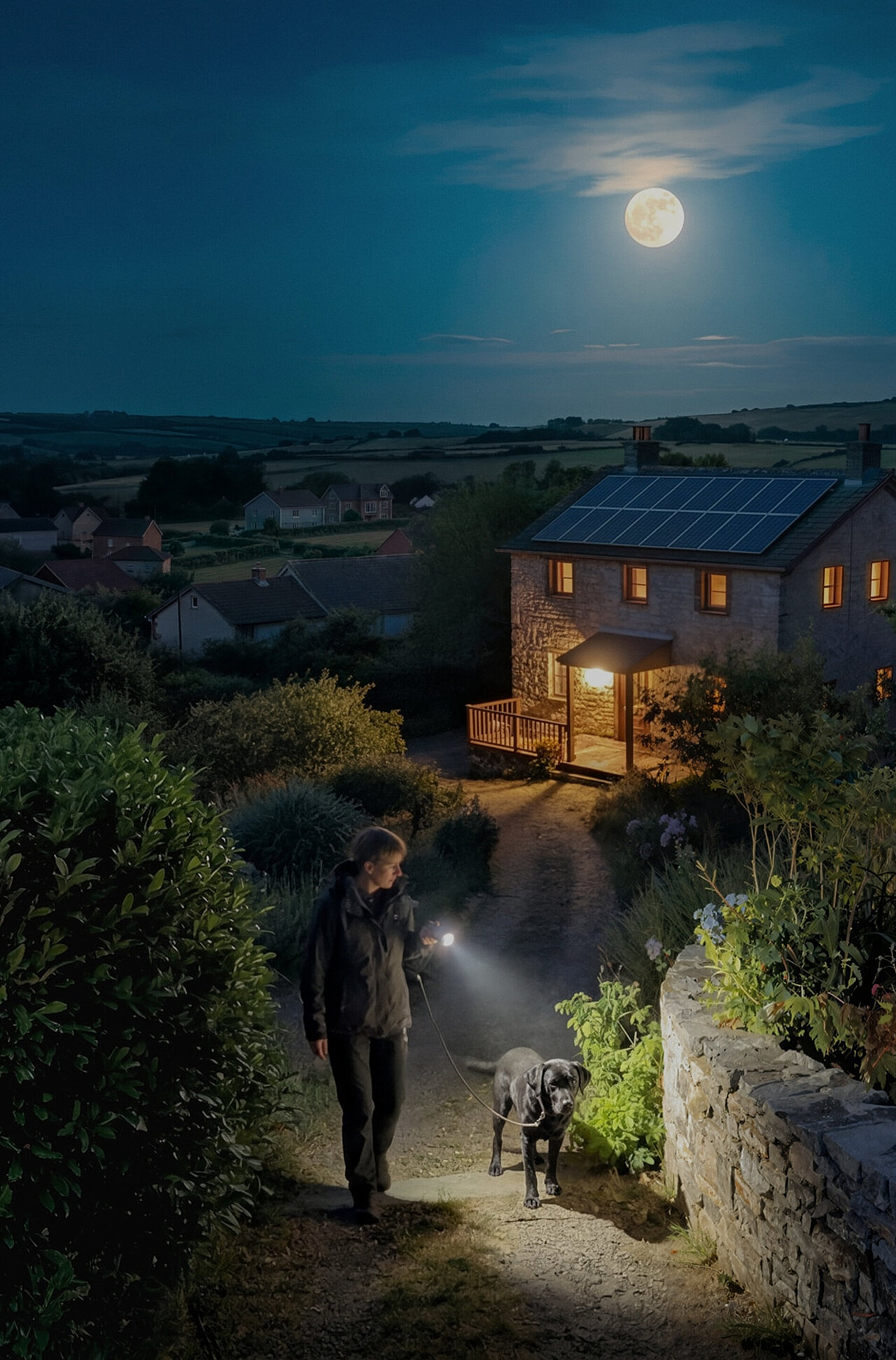Vivienda con instalación solar de noche y solución energética SMA activa
